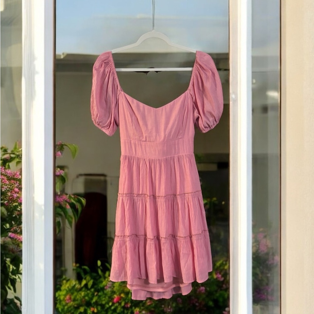 Altar’d State Chic Pink Puff Sleeve Dress with Open Tie Back. Size M.
